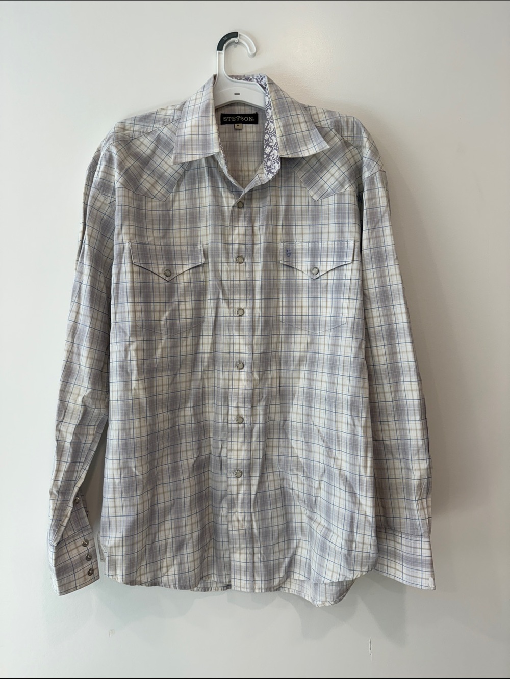 Stetson Men's Light Gray, Blue and purple Plaid Button-Down Western Shirt
